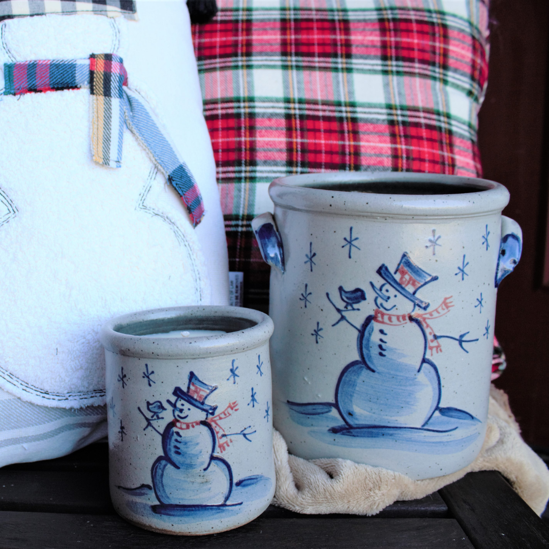 Rowe Pottery Hand thrown 1 gallon and candle crock in the hand decorated snowman pattern