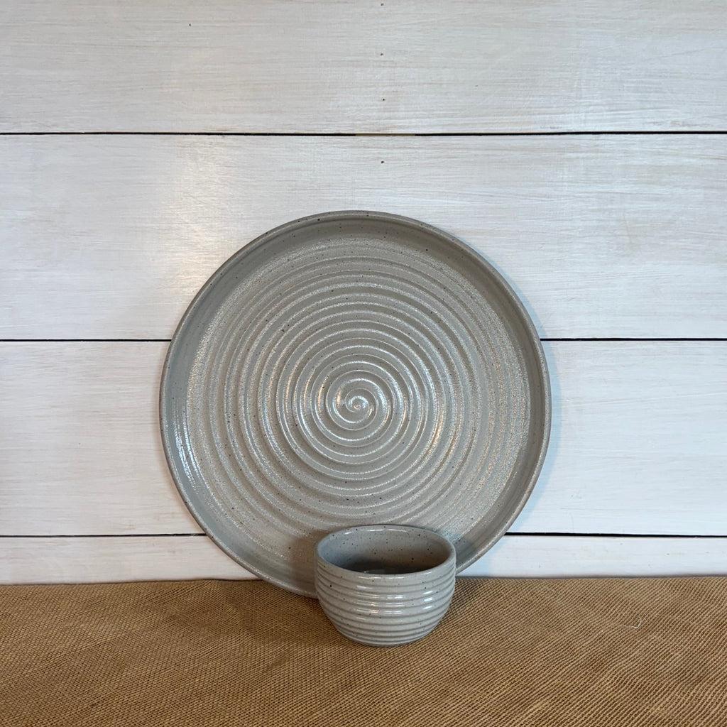 Handcrafted Stoneware Chip n Dip Set- Ridges Classic Gray