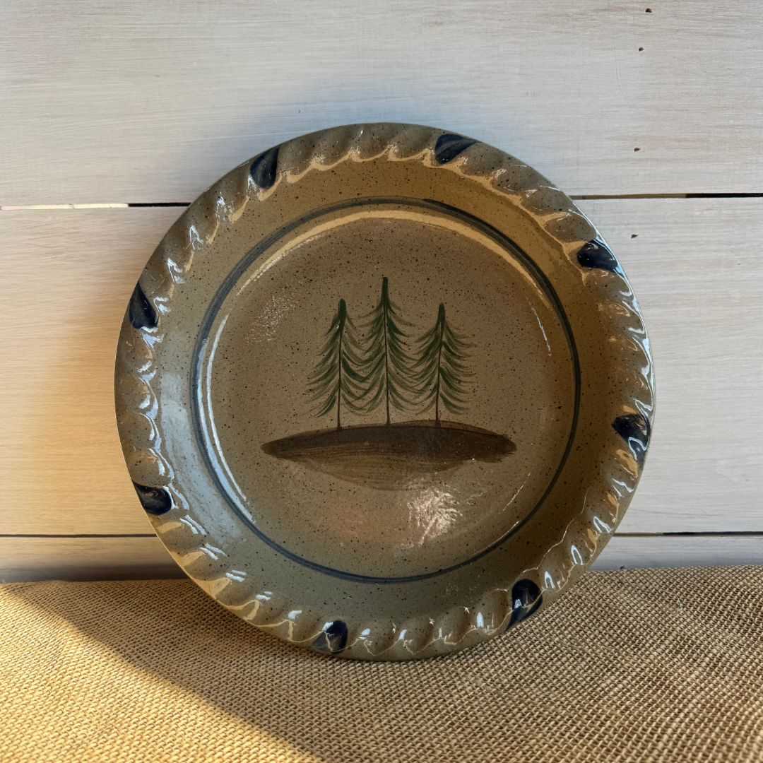Rowe Pottery handmade stoneware pie plate with Northwoods Pine tree pattern