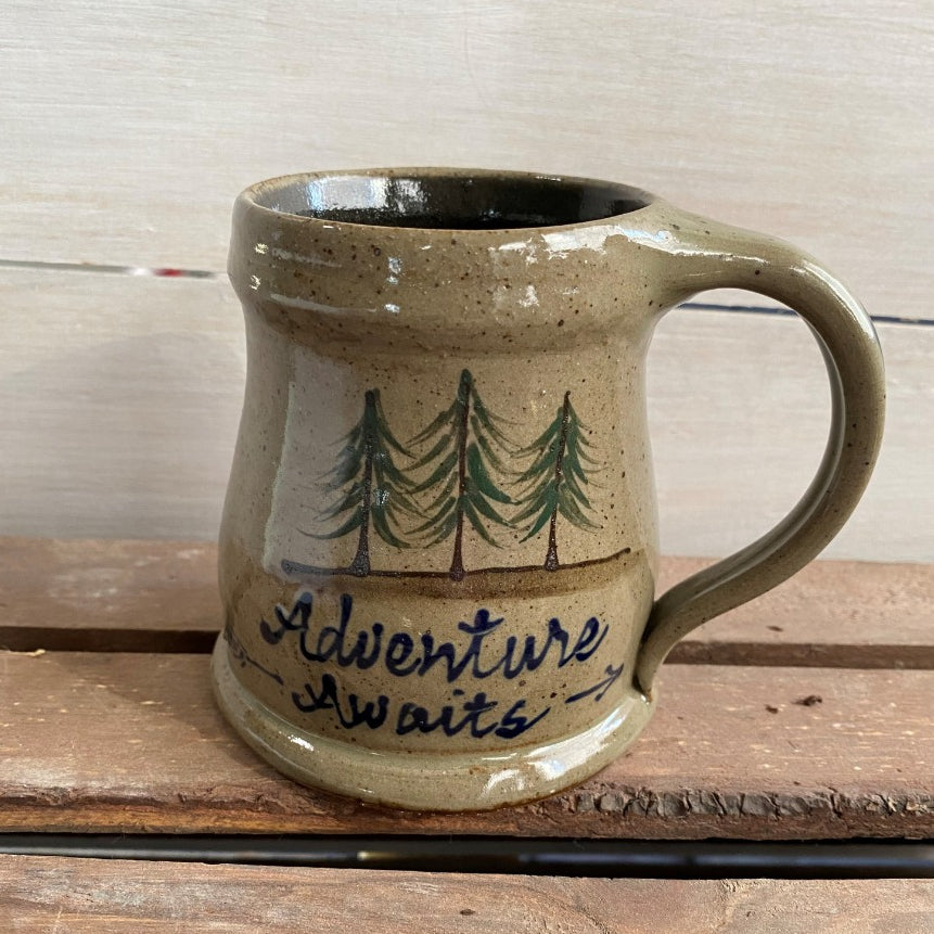 Rowe Pottery Hand thrown stoneware mug In a hand decorated adventure awaits pattern