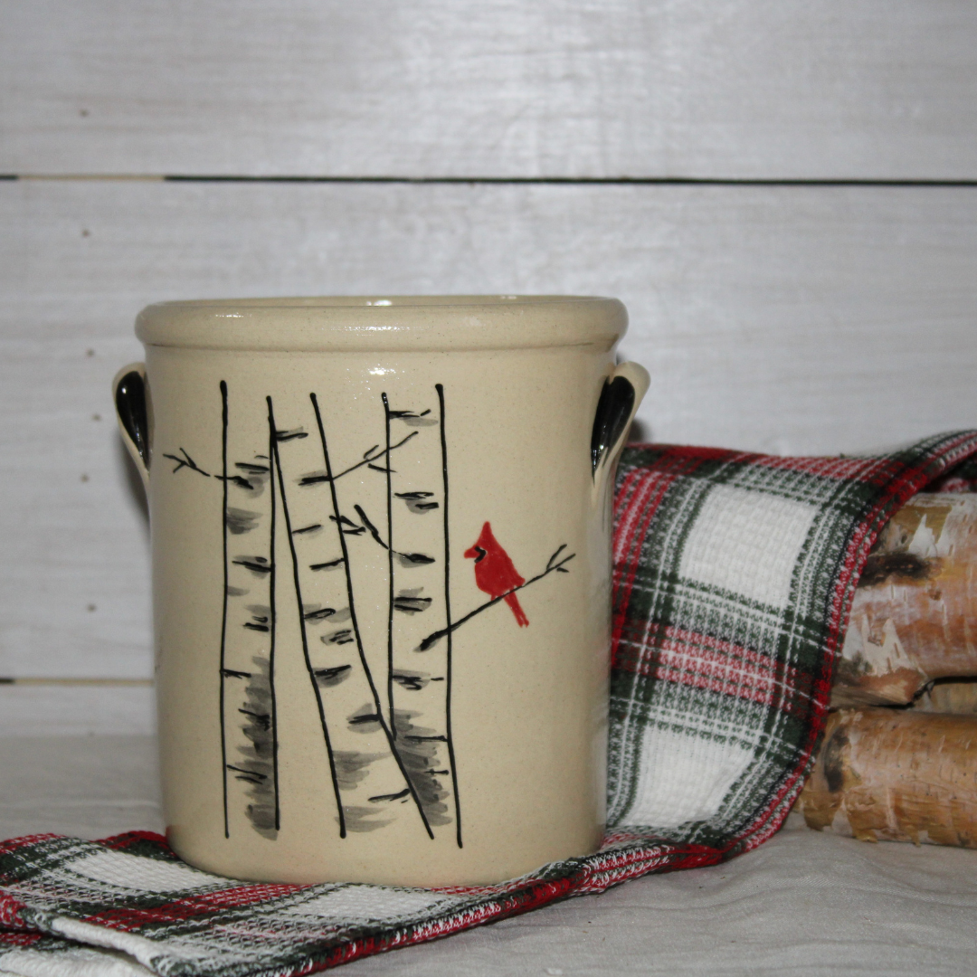 Rowe Pottery Handcrafted Stoneware Classic 1/2 Gallon Crock in our Winter Birch Pattern.
