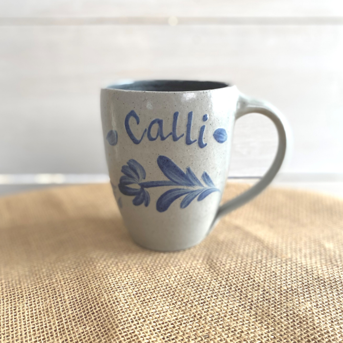 Rowe Pottery Hand thrown stoneware mug In a hand decorated personalized pattern