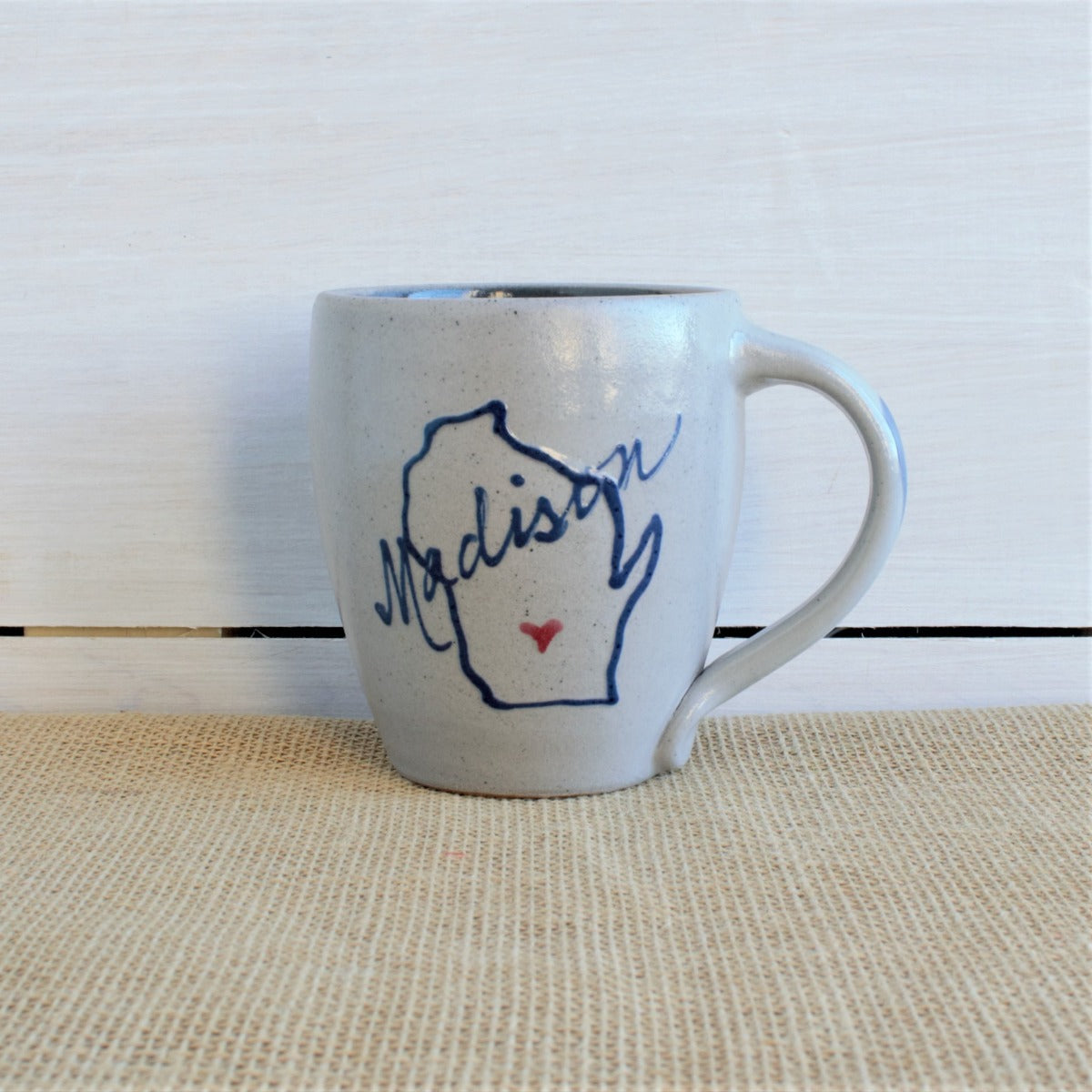 Rowe Pottery Hand thrown stoneware mug In a hand decorated Home state pattern