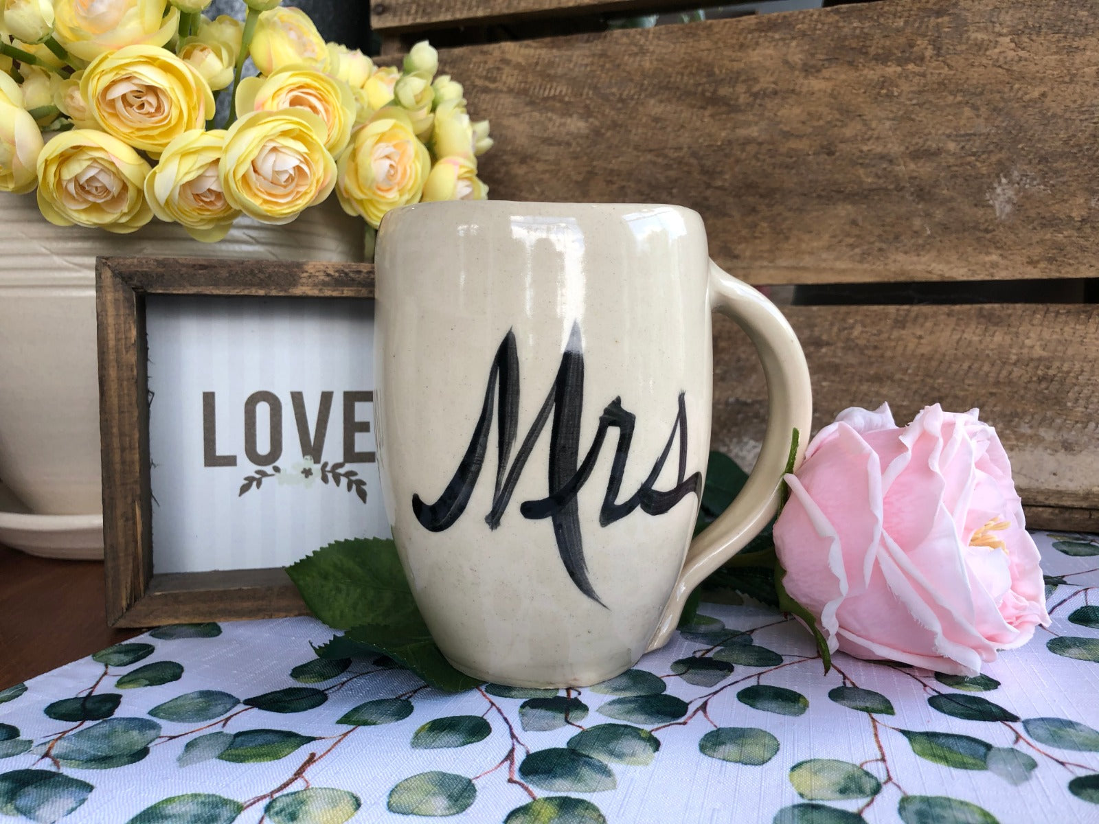 Rowe Pottery Hand thrown stoneware mug In a hand decorated Mrs. pattern
