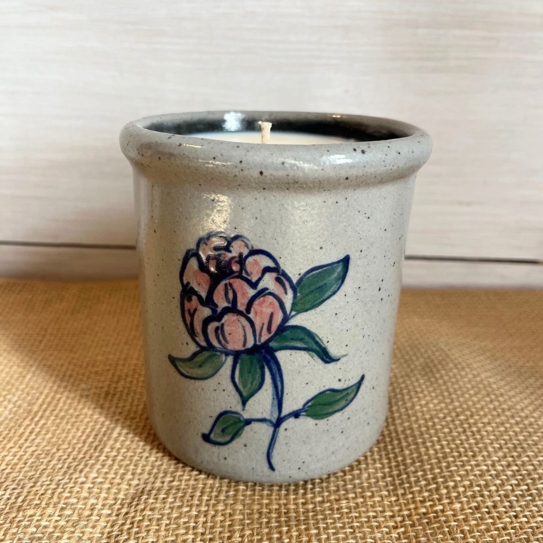 Rowe Pottery handmade stoneware candle crock in a hand decorated Peony pattern