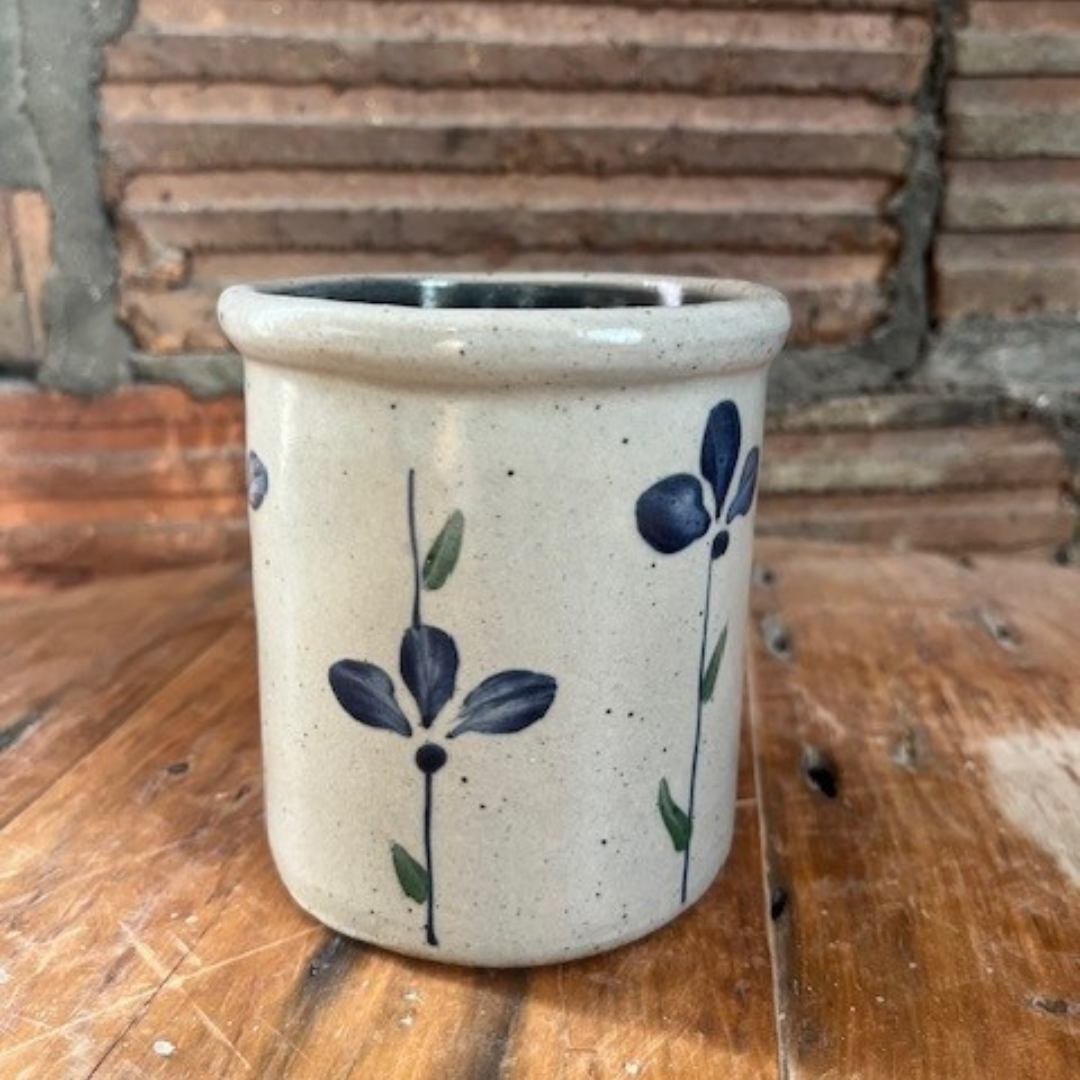 Rowe Pottery handmade stoneware candle crock in a hand decorated petals in bloom pattern