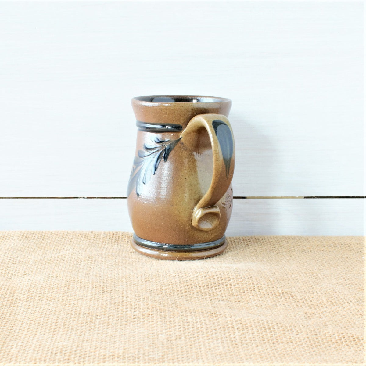 Rowe Pottery Hand thrown stoneware mug In a hand decorated Provincial pattern side view