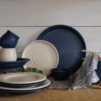 Handcrafted Stoneware Salad Bowl- Ridges Denim