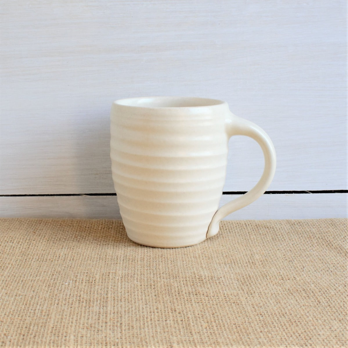 Rowe Pottery hand thrown farmhouse white ridges mug