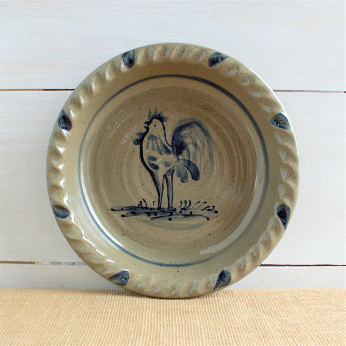 Rowe Pottery handmade stoneware pie plate with Rooster pattern