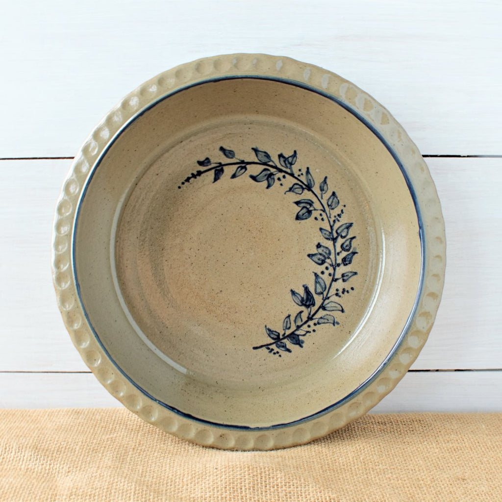 Rowe Pottery handmade stoneware Deep Dish pie plate with Farm Floral pattern
