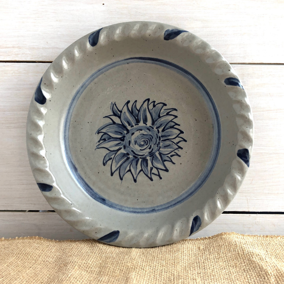 Rowe Pottery handmade stoneware pie plate with Sunflower pattern