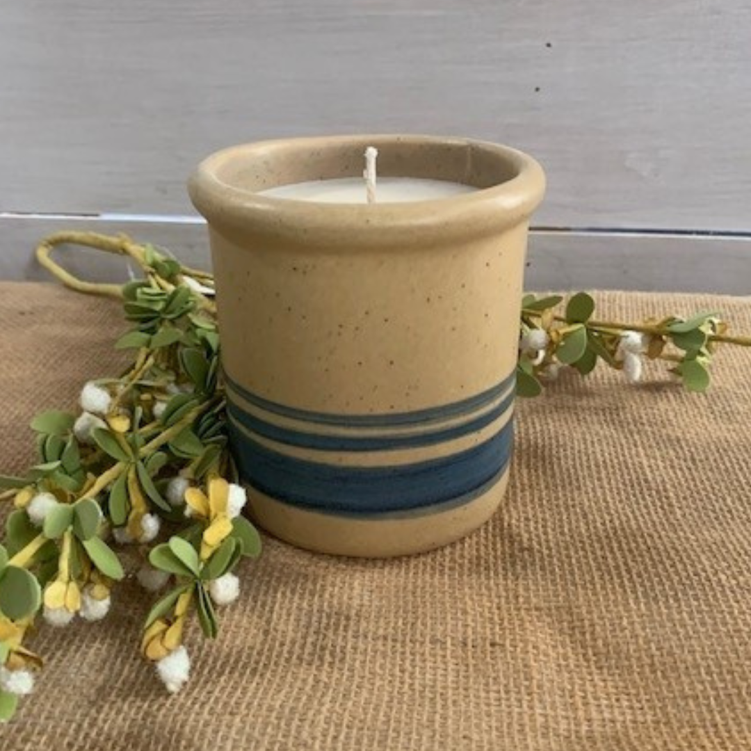 Rowe Pottery handmade stoneware candle crock in a hand decorated Yellowware pattern