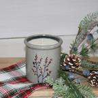 Rowe Pottery handmade stoneware candle crock in a hand decorated winterberry pattern