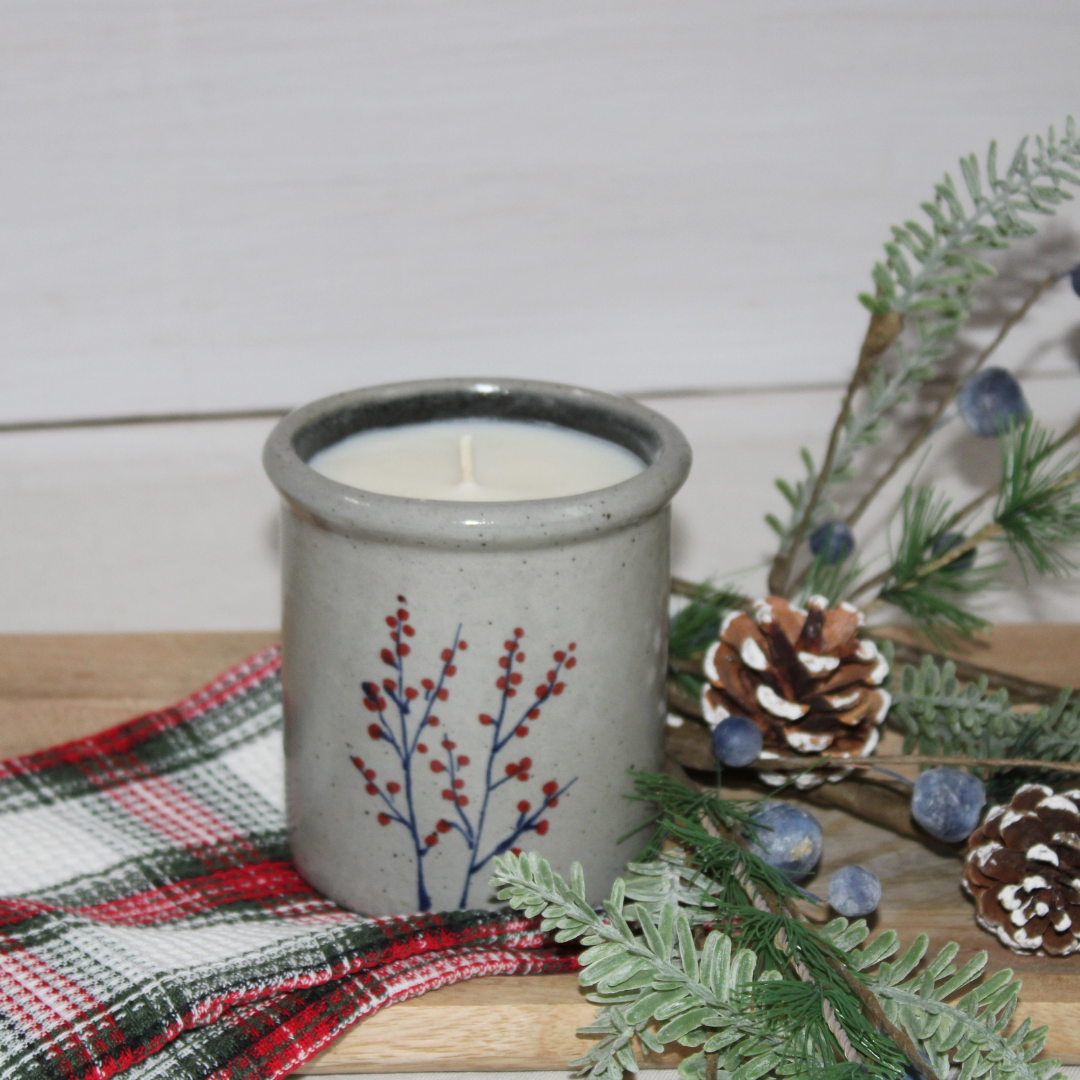Rowe Pottery handmade stoneware candle crock in a hand decorated winterberry pattern