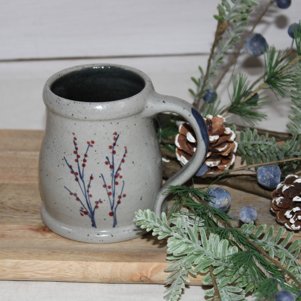 Rowe Pottery Hand thrown stoneware mug In a hand decorated Winterberry pattern